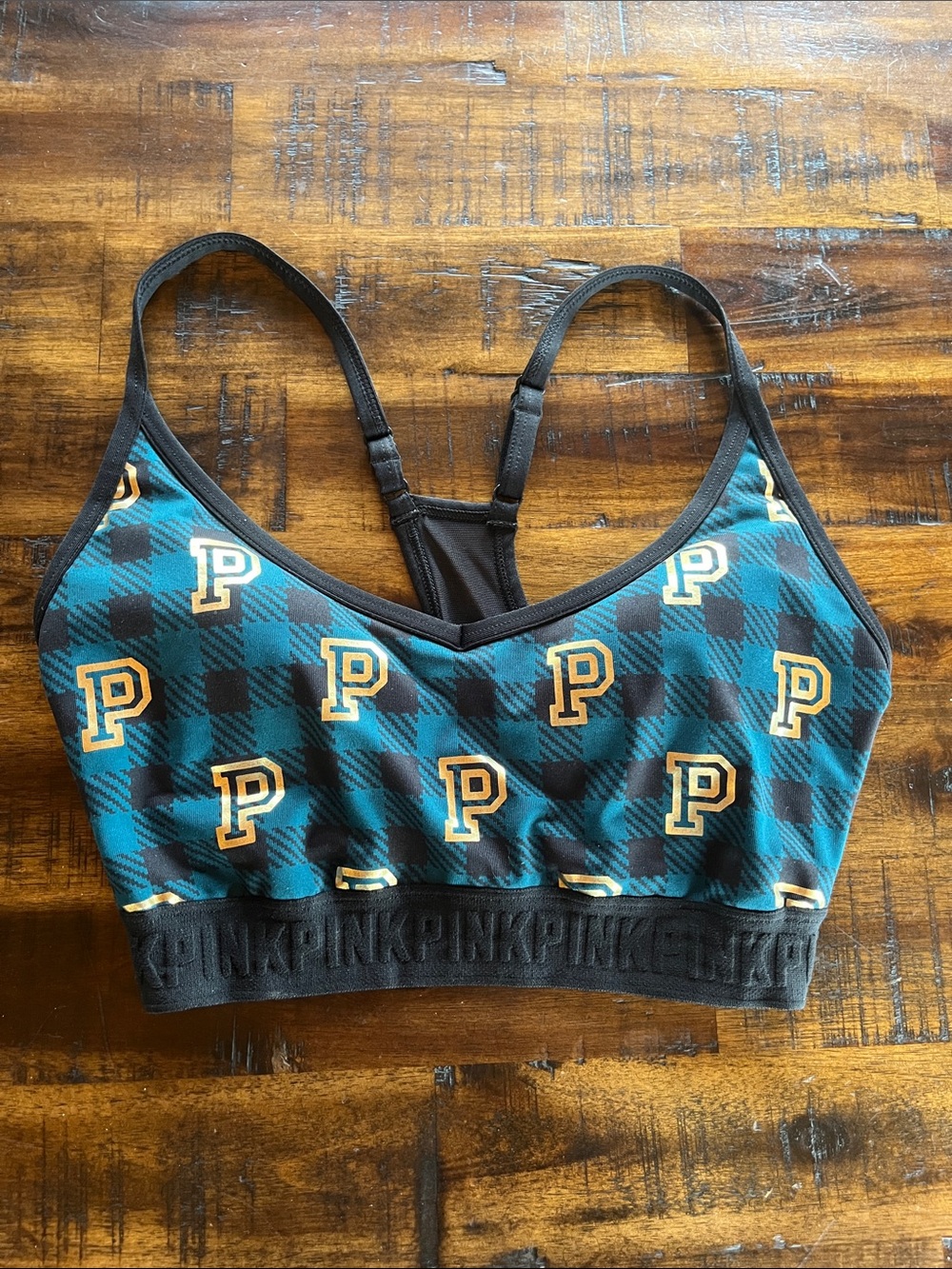 PINK Victoria's Secret Teal Plaid P-Logo Sports Bralette with Black Trim